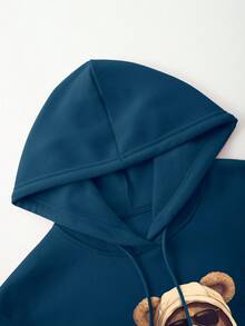 Manfinity Dauomo 男士街头风格熊图案印花长袖连帽卫衣，秋冬 - 藏蓝色 - 查看 5