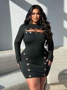 NU&NOW Plus Size Women's Solid Color Knit Elastic Fabric Round Neck Metal Button Decor Hollow Sexy Mini Dress, Sexy Bombshell Style, Party Dress, Date Dress, Clubwear, Bad Girl Style, Hip Hop Style