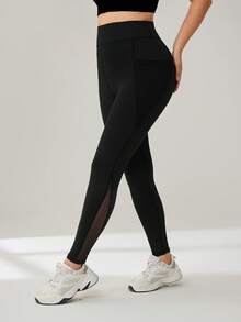Auralis Athleisure Plus Size Women's Contrast Mesh Phone Pocket Side Sports Leggings Yoga Women Black Pants, Women Jogging Pants, Women Sportswear For Fall/Winter