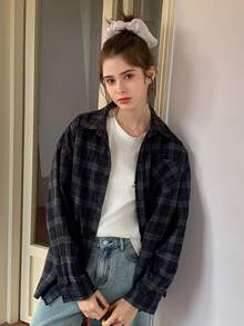 DAZY Teen Girl Casual Everyday Workwear Loose Fit Dropped Shoulder Plaid Print Long Sleeve Shirt, Spring/Autumn - Navy Blue - View 1