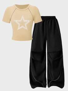 Sparklyn 2 件套休闲 T 恤和裤子套装，适合青少年女孩，胸前印有白色星星，白色装饰抽绳，适合散步、购物、上学，可搭配夹克、背心 - 卡其色 - 查看 4