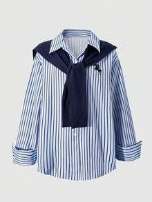 Tween Girls' Casual Striped Loose Button-Up Long Sleeve Shirt With Shawl Collar, Versatile For Back To School - Blue - View 4
