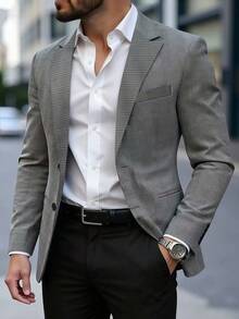 Manfinity Mode Áo khoác vest công sở nam, kết hợp vải kẻ caro xám, thích hợp mặc đi làm hàng ngày, cũng là món quà lý tưởng cho bạn trai và chồng - Xám - Xem 3