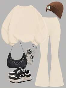 Conjunto de 2 piezas de sudadera de cuello redondo gruesa y suave, holgada, y pantalones acampanados gruesos, en color beige crema con estampado retro de leopardo y estrella, adecuado para otoño/invierno, estilo diario, campus, hogar, temporada cálida, ropa de otoño e invierno, fácil comodidad, capas de otoño e invierno para niñas, ropa gráfica de estrella para niños, nueva moda de otoño, estilo casual - Multicolor - Ver 2