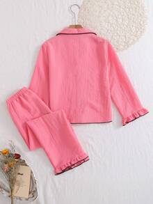Girls Pink & Black Trim Casual Cardigan With Ruffle Collar 2 Pieces Loungewear Set,Tween Girl Pajamas For Fall&Winter Clothings - Pink - View 2
