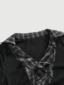 ROMWE Back To School Vintage Gothic Plaid Patchwork 2 In 1 Women Long Sleeve Shirt Blouse - Black - View 3