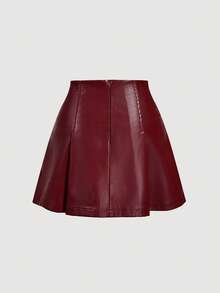 SHEIN MOD 红色褶皱女士PU皮革百搭迷你裙 - 紅色 - 查看 2