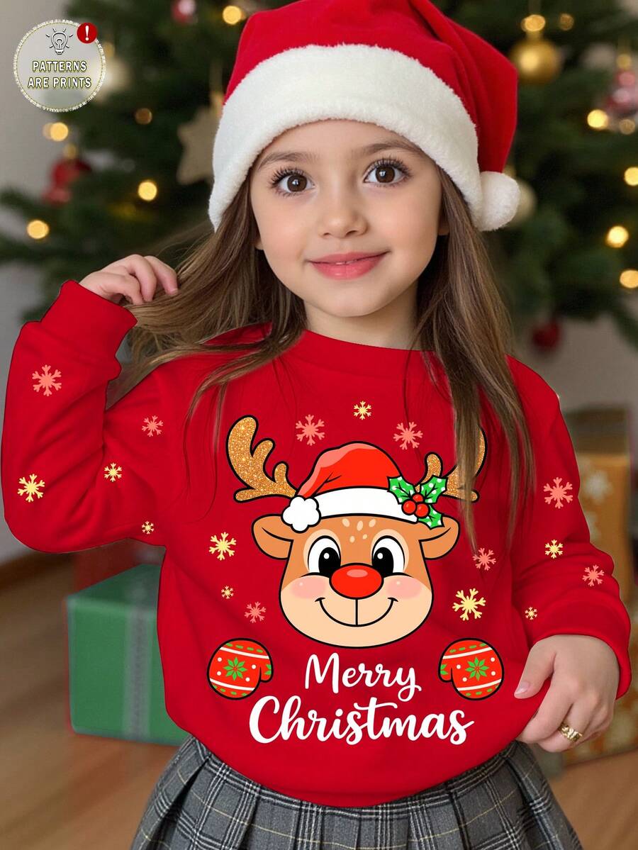 SHEIN Frohe Weihnachten, Lässig Minimalistischer Weihnachts-Pullover für Kleine Mädchen mit niedlichem Cartoon-Motiv des Rentiers mit roter Nase, buntem Polka-Punkt-Schneeflocken-Muster, in festlichem Rot, locker geschnittener Rundhals-Pullover aus bequemem Strick, geeignet für Herbst/Winter, passend für Weihnachten