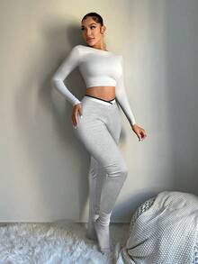 SHEIN SXY 灰色和白色撞色拼接休闲深V腰女式紧身裤 - 灰色 - 查看 5