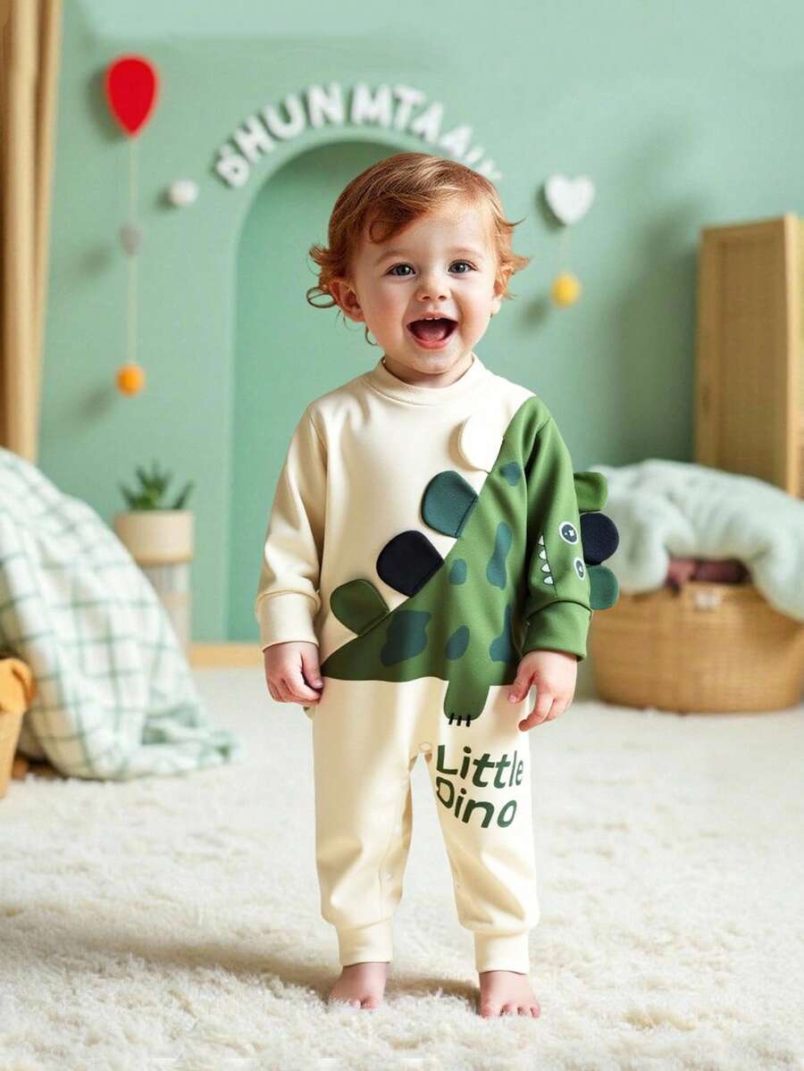 SHEIN Baby Boy Winter Clothing,White,Winter,Cute Modest,Graphic,Family Matching Playful Dinosaur Pattern Long-Sleeved Jumpsuit With 3D Ear Tab Press Studs - Multicolor - View 1