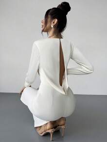 优雅现代通勤浪漫约会性感派对海滩度假深V领露背收腰长袖阔腿白裤，适合节日、婚礼、音乐节， - 杏色 - 查看 6