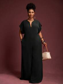 Veslaya Bộ đồ liền thân ống rộng tay ngắn cổ chữ V màu sô cô la thanh lịch mới 2025, cỡ lớn dành cho nữ, mùa hè - màu đen - Xem 4