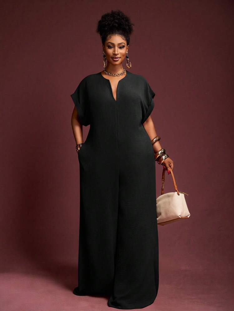 Veslaya 2025 New Vintage Elegant Chocolate V-Neck Short Sleeve Wide Leg Jumpsuit, Plus Size Women, Summer - Black - View 4
