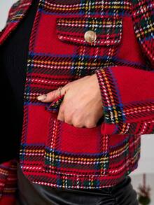 SHEIN Clasi Women's Elegant Plaid Long Sleeve Metal Button Design Wool Blend Coat, Autumn/Winter Red Plaid Top - Red - View 4