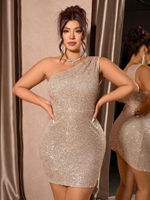 SHEIN PETITE CURVE Plus Size Sequin Patchwork Solid Color Asymmetric Neckline Sleeveless Dress - Apricot - View 6