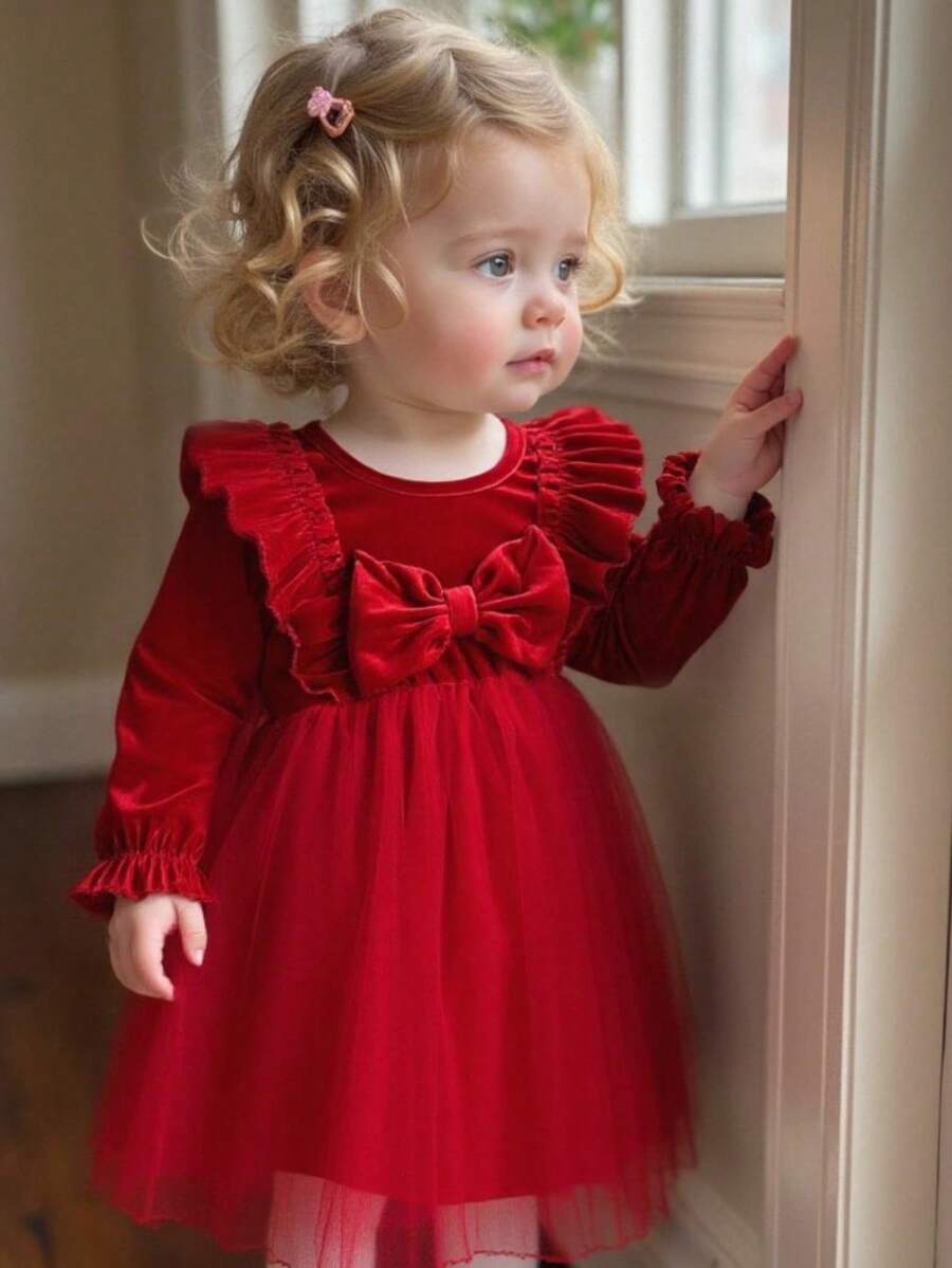 SHEIN Váy lưới dự tiệc trang trí nơ thanh lịch cho bé gái - Đỏ - Xem 1