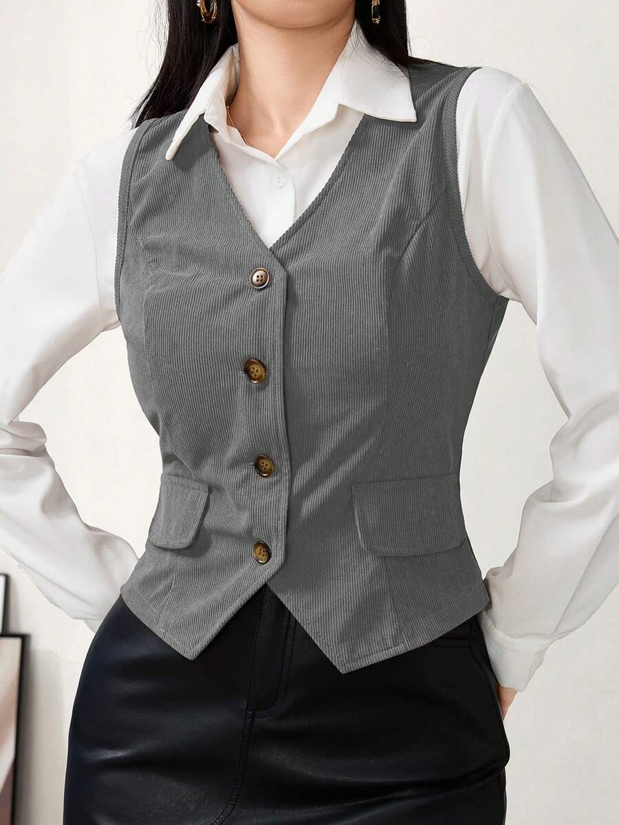Modelyn 女士休闲通勤纯色无袖西装外套 - 淺灰色 - 查看 1