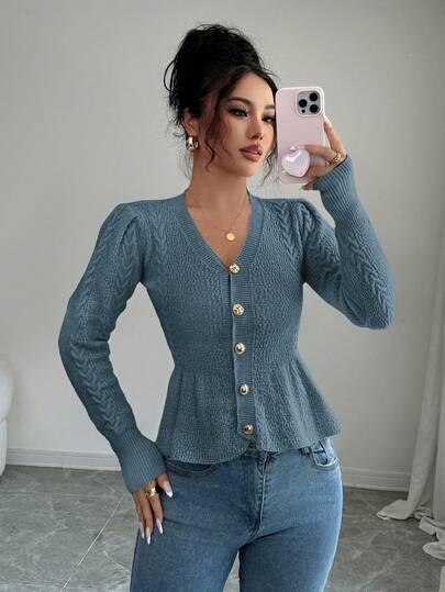 Elenzga Women's Elegant Ruffled V-Neck Waist Fitted Knit Cardigan Sweater, Suitable For Holiday & Vacation, Autumn/Winter