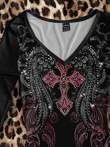 Attitoon Punk Wing Cross Pattern V-Neck Long Sleeve T-Shirt, Suitable For Women, Halloween, Y2K Style, Streetwear, Vintage, Back To School, Retro, Fall, Vacation, Casual Outfits, Autumn/Winter, Hip-Hop, Style Core Aesthetics, Gothic Cybersigilism