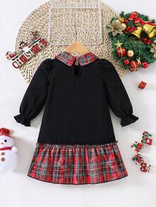 SHEIN Playful Pals Vestido casual de princesa de manga larga con bloqueo de color a cuadros y decoración de lazo 3D para niñas, vestido informal para primavera/otoño - Negro - Ver 2
