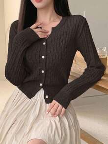 DAZY Women's Casual Solid Color Cable Knit Cardigan, Autumn - Brown - View 3