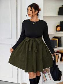 SHEIN Frenchy 大码女式高领黑色针织长袖上衣搭配卡其色灯芯绒 A 字裙，大码连衣裙适合日常穿着、约会、时尚 - 彩色 - 查看 3
