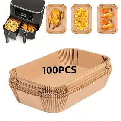 50/100pcs, Air Fryer Liners Disposable For Dual Air Fryer, Air Fryer Accessories, Oil-Proof, Water-Proof, Parchment Baking Paper For Roasting |Rectangle| (8.6inch-Brown)