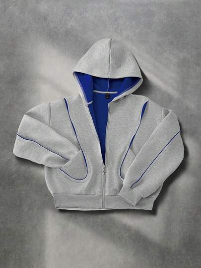 ROMWE MEN Casual 男士拼接撞色拉链连帽卫衣，复古街头风，长袖上衣