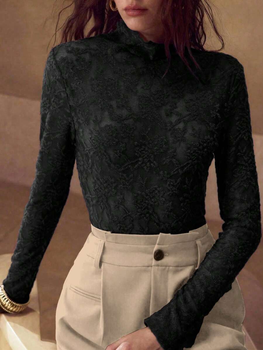 MOTF PREMIUM ELEGANTE CAMISETA INTERIOR DE MANGA LARGA CON CUELLO ALTO TRANSPARENTE PARA MUJER - Negro - Ver 1