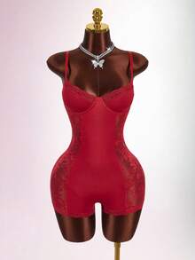 Amplova Bộ đồ liền thân màu trơn phối ren tương phản quyến rũ ôm eo dành cho nữ - Màu Đỏ Sâu - Xem 4