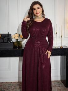 Modelyn 大码女式优雅亮片腰部收腰长款派对连衣裙，春秋季 - 酒紅色 - 查看 5