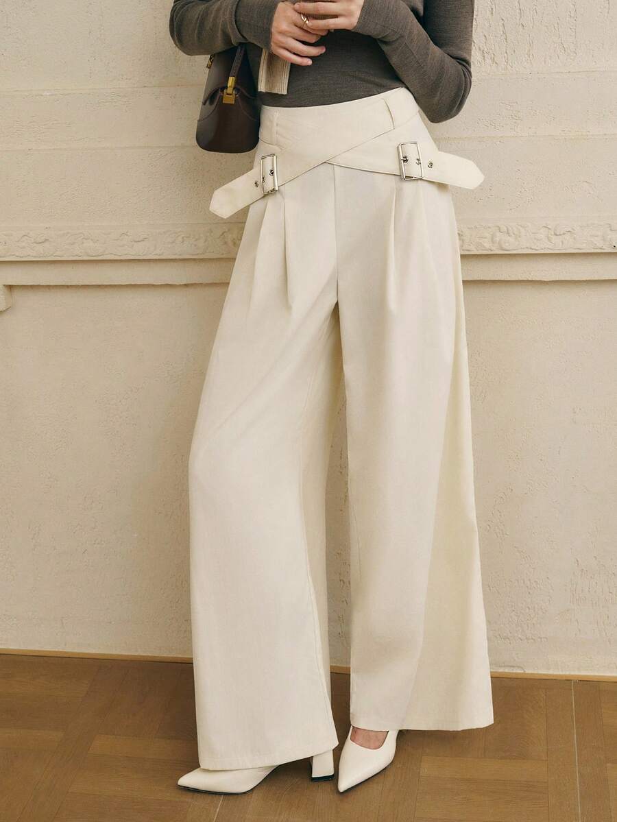 Cévolie 女士纯色褶皱高腰双扣装饰阔腿裤 - 白色 - 查看 1