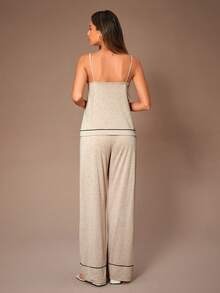 Lazeform 女士睡衣套装，撞色滚边吊带背心搭配阔腿裤，V领设计，休闲家居服，女士家居服套装，休闲服 - 卡其色 - 查看 2