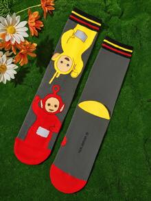 Teletubbies X SHEIN 2Pairs Soft & Breathable Moisture-Wicking Casual Men Mid-Calf Socks With Cartoon Pattern Fashionable Cute Grey & Black Crew Socks Reinforced Toe & Heel For Durability Unisex Women All Season All-Match Summer Winter