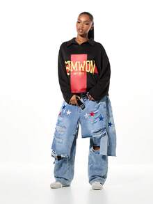 SUMWON WOMEN Oversized Rugby Polo Long Sleeve Graphic Tee With Red Block Print And Yellow Text Logo - Black - View 3