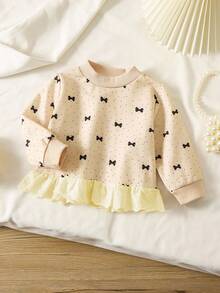 SHEIN Vintaside Kids 女婴时尚刺绣荷叶边下摆印花卫衣 - 杏色 - 查看 6