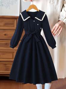 SHEIN Elegant Commuter Fashion Solid Color Ruffled Collar Chic Textured Fabric Preppy French Style Dress For Tween Girls - Navy Blue - View 7