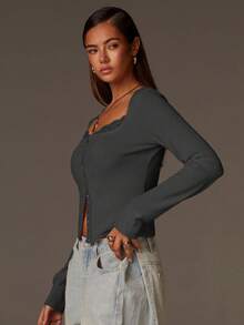 Athîral Top casual de mujer de color liso con cuello en V, patchwork de encaje y mangas raglán, ajuste ceñido - Gris Oscuro - Ver 5