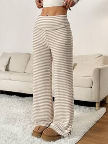 SHEIN PETITE 女式休闲通勤宽松阔腿裤，翻边腰身和拼色条纹图案 - 卡其色 - 查看 6