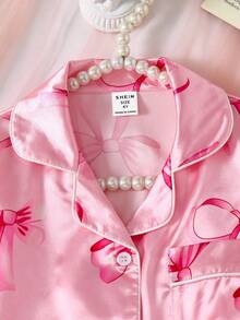 Genkimix Kids Set de 2 piezas de ropa de casa para niñas jóvenes con estampado de moño, chaqueta de manga larga y pantalones, para primavera/otoño - Rosa - Ver 7