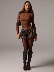 Avenya 皮革花蕾形迷你裙短裤 - 紫紅色 - 查看 5