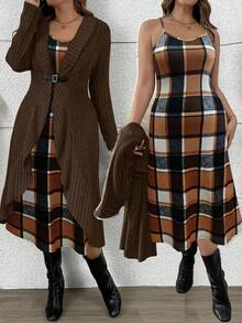 EMERY ROSE Plus Size Women Plaid Slip Dress + Asymmetrical Ribbed Cardigan 2-Piece Set, Casual Outerwear For Autumn/Winter Fall - Multicolor - View 1
