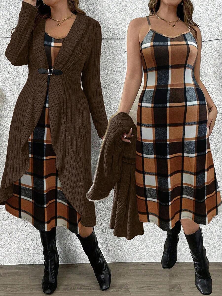 EMERY ROSE Plus Size Women Plaid Slip Dress + Asymmetrical Ribbed Cardigan 2-Piece Set, Casual Outerwear For Autumn/Winter Fall - Multicolor - View 1