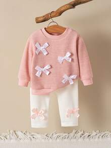 SHEIN Vintaside Kids 2 件套女婴休闲百搭舒适可爱针织面料蝴蝶结装饰圆领宽松套头衫和修身裤子套装，适合室内和室外，性价比高 - 彩色 - 查看 3