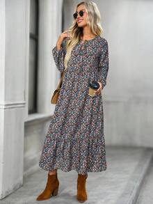 EMERY ROSE Women's Ditsy Floral Drawstring Lantern Sleeve Loose Casual Dress