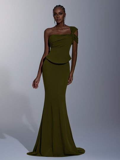 Elitara Elegant, Romantic, Fashionable, Dignified, Military Green, Stretchy Fabric, Waist-Cinching 2 In 1, Strapless, Mermaid Hem, Trailing, Stylish, Festival, Vacation, Birthday Party, Wedding Event, Formal Gala Dress (Luxury Edition)