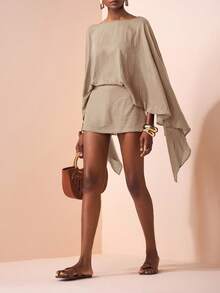 Zivah 2025秋冬新款通勤优雅休闲度假宽松棕色长袖衬衫+短裙两件套，旅行、通勤、聚会、度假、复古风格、购物、宴会、优雅、派对、约会、休闲-A - 卡其色 - 查看 3