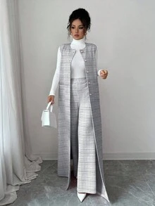 Elenzga 2 件女士优雅通勤套装，针织长款开衫外套和直筒裤，珍珠金属纽扣装饰，适合聚会、约会、通勤和日常穿着 - 黑與白 - 查看 7