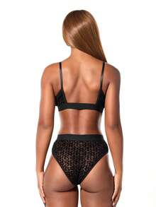 SUMWON WOMEN 深 V 领和吊带设计网眼植绒图案 Bralette - 黑色 - 查看 2