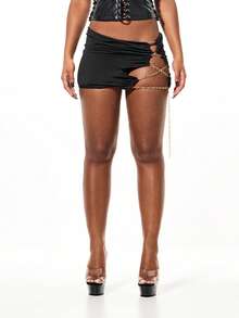 SUMWON WOMEN Slinky Bodycon Mini Skirt With Chain Detail And Cutout Design For Night Out - Black - View 4